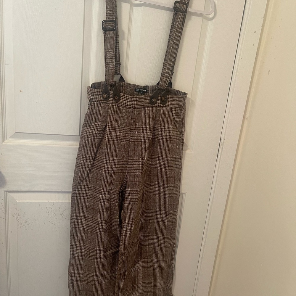 Brown Plaid Suspender Pants
